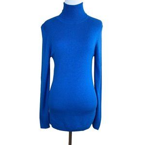 Ann Taylor Turtleneck Sweater L Blue Cashmere Blend Long Sleeve Lightweight Slim